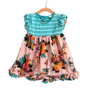 Matilda Jane Mixed Media Dress Toddler 18-24M Pink Teal Floral Striped Ruffle
